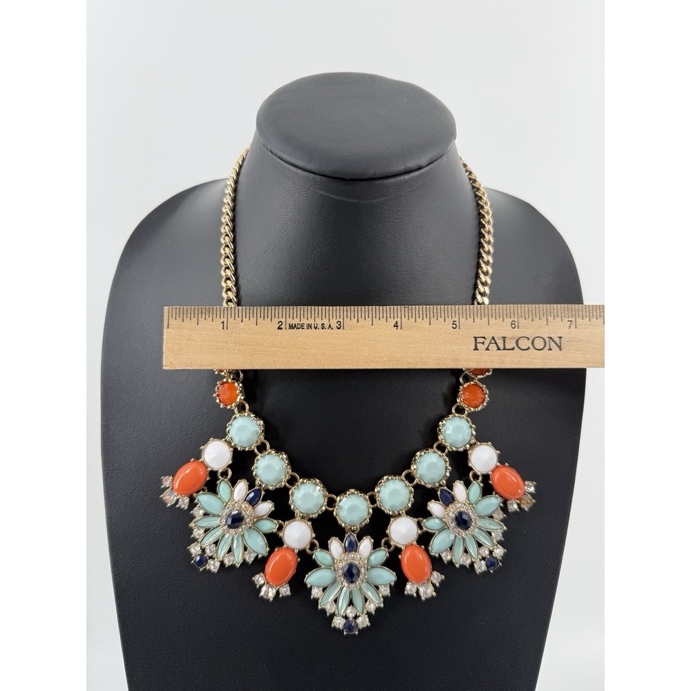 Chunky Bib Statement Necklace Gold Tone Teal Orange White crystal Floral - Picture 5 of 8